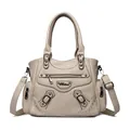 Elegant beige lychee leather tote bag with silver hardware and decorative rhinestones - Apricot