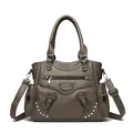 Sac à main marron en cuir véritable pour femme avec poignées et bandoulière réglable - Gris foncé