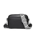 Zwarte lederen crossbody tas met een brede schouderband met geometrisch patroon. - Zwart