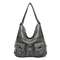 Large capacity washed soft leather motorcycle bag with multi-zipper pockets in dark grey - Gray