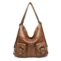 Vintage brown soft leather multi-functional tote bag with zipper pockets for women - Yellow Brown