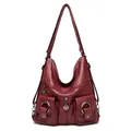 Retro burgundy soft leather hobo shoulder bag with multiple functional zipper pockets - Burgundy