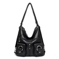 Chic black soft PU leather hobo bag with multiple zipper pockets in motorcycle style - Black