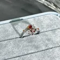 Elegant luxury pomegranate red pear-cut stone flower open ring with silver finish for women - Style 2 Adjustable Ring