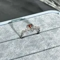 Elegant garnet red heart ring with silver floral motifs in a blue jewelry gift box - Heart Floral Leaf Style (15号) / Adjustable Open / Garnet Red