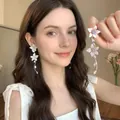 Macro detail of elegant Mori-style white flower drop earrings with long tassel beads - White (E6927)