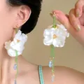Handmade white fabric flower long tassel beaded earrings in a fresh gentle forest style - White Green (E6954)