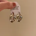 Close-up of silver-tone intertwined double hoop earrings on a white display card. - Hoop Buckle Style / Twisted Ribbon Hoop Earrings - A2791 Silver / Silver