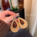 Handmade ethnic style rattan drop earrings with brown and turquoise beads for women - Ethnic Rattan Water Drop Ear Hook (A2769 Silver) / Silver