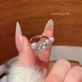 Elegant French-style adjustable silver pearl ring for women decorated with crystals - Flower Cluster Crystal (J1066) / Adjustable Open / Silver