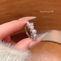 Elegant French style adjustable pearl ring with sparkling cubic zirconia - Gradient Pearl (J1069) / Adjustable Open / Silver