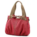 Large capacity red vintage canvas tote bag with khaki handles and shoulder strap for women - Watermelon red