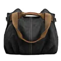 Retro large black canvas tote bag with contrast stitching and brown handles for women - Black