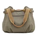 Vintage olive green large capacity canvas tote handbag with durable brown straps - Gray