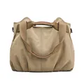 Large capacity vintage khaki canvas handbag with reinforced brown leather top handles - Light Khaki