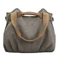 Large capacity vintage grey canvas shoulder bag featuring brown faux leather top handles. - Dark Khaki