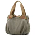 Vintage large capacity olive green canvas tote bag with brown webbed top handles - Army Green