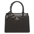 Elegant black textured leather tote bag featuring a decorative scarf-wrapped handle design - Black Litchi Pattern