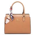 Textured khaki tote bag for women with kangaroo logo and silk scarf handle detail. - Khaki Litchi Pattern