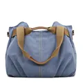 Large capacity blue canvas shoulder bag with brown straps for retro fashion look - Haze Blue