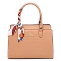 Elegant nude crocodile textured tote bag with a stylish floral decorative scarf handle - Khaki Stone Pattern