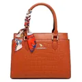 Elegant brown crocodile texture tote bag for women with silk scarf accessory detail - Yellow Stone Pattern