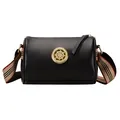 Borsa a tracolla retrò in vera pelle nera con medaglione dorato e tracolla a righe - Stile a Botte Vintage / Nero