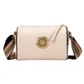 Elegante borsa a tracolla in pelle crema con emblema a ruota dorata e righe - Stile a Botte Vintage / Bianco