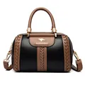 Elegant black and brown contrast color women's top handle crossbody handbag with braided trim - Black and Brown Color Block / Black