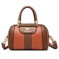 Elegant terracotta and brown contrast leather handbag with woven details and logo - Caramel Brown Contrast / Yellow