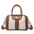 Contrast color women handbag with top handle and braided detail in brown and cream finish - Off-White and Brown Contrast / Light Gray