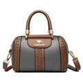 Stylish grey and brown contrast women's handbag with woven texture and kangaroo logo. - Dark Gray and Brown Contrast / Dark Gray