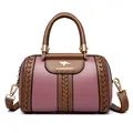 Elegant mauve and brown color-block handbag with woven details and top handle - Purple