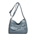 Vintage dusty blue soft leather crossbody bag with elegant embroidered pocket detail - Blue