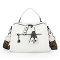 Premium white women's Boston handbag featuring a fashionable colorful patterned strap - White