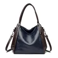 Large navy blue and brown soft leather tote bag with dual carrying straps for 2025 - Dark Blue