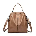 Classic brown faux leather multi-functional backpack and shoulder bag for women - Khaki