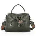 Stylish dark green women's Boston handbag with a colorful ethnic patterned strap - Green