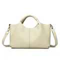 Elegant cream textured leather handbag with top handles and an adjustable shoulder strap - Off White
