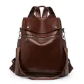 Vintage brown faux leather anti-theft backpack for women with flap cover - Coffee Brown