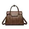 Elegant large capacity brown faux leather handbag with gold kangaroo metal emblem - Khaki