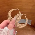 Handmade straw woven rattan hoop earrings in natural beige for vacation style - Moon Shape (A2640) / Beige