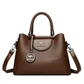 Elegant dark brown pebbled leather women's shoulder bag with stylish woven top handle - Woven Handle Tote Bag / Brown