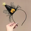 Detailed view of Halloween witch hat headband featuring glittery pumpkin and star accents - White (F2007白)