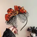 Cute Halloween headband featuring a glittery pumpkin and orange spider web bow - Pumpkin (F2007南瓜)