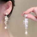 Elegant French-style pearl drop earrings featuring a sparkling zircon floral design - Streamlined Petal Drop Style (A2352 Silver)
