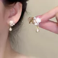 Elegant French petal pearl earrings with S925 silver needles and sparkling crystals. - White Fabric Petal Style (A1525 Gold)