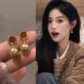 Maillard style golden resin earrings with brown square and pearl pendant - Square Frame Pearl Drop (A2699) / Gold