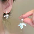 Elegant French style petal pearl drop earrings with S925 silver studs in iridescent white - Cyan Mother-of-Pearl Luster Style (A1910 Gold)