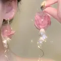 Elegant French petal earrings with pearl and S925 silver needle, stylish vacation style - Pink Petal Gold Wave Style (A2598 Gold)
